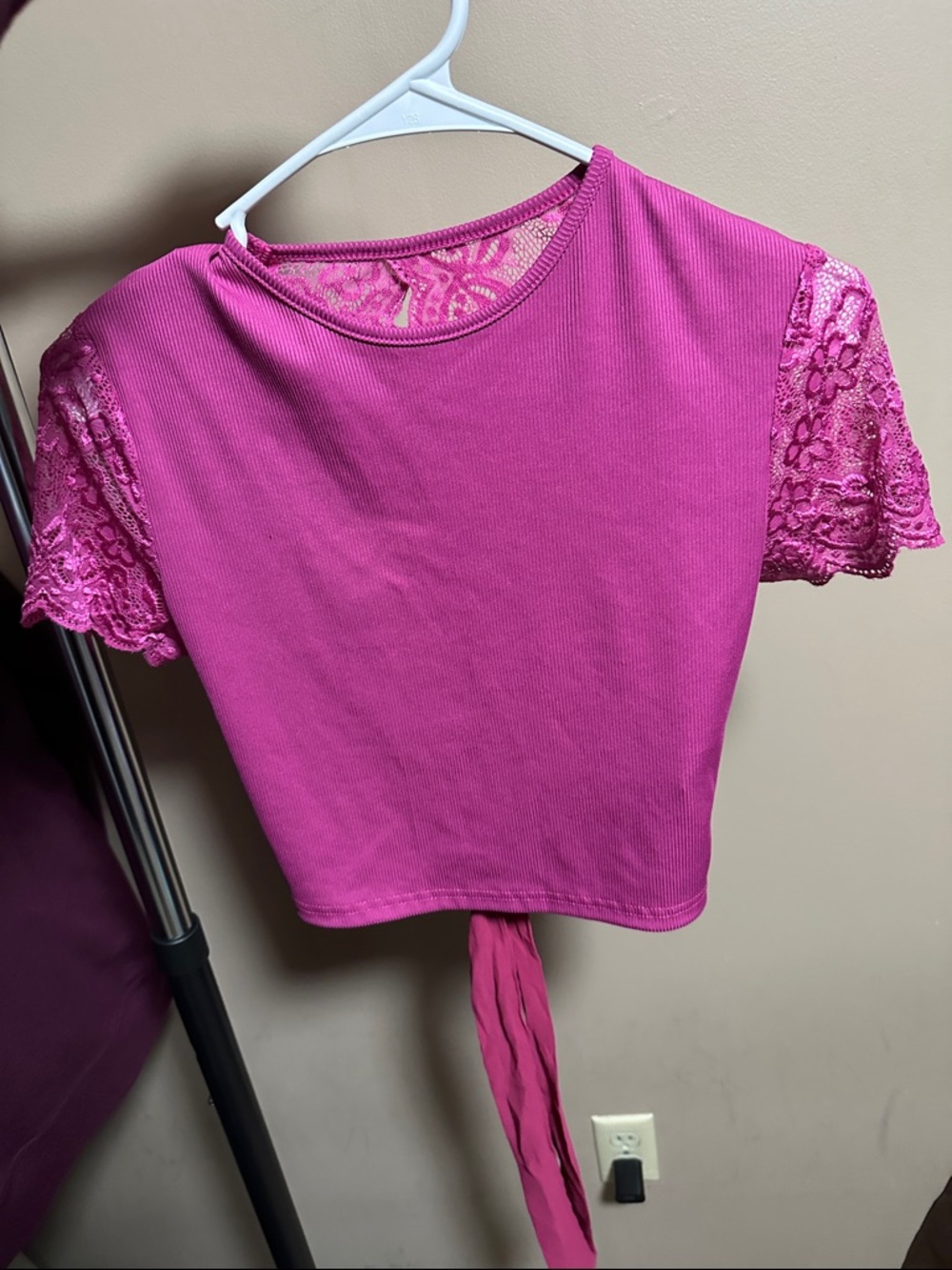 SHEIN Fuchsia Lace Sleeve Tie-Back Crop Top